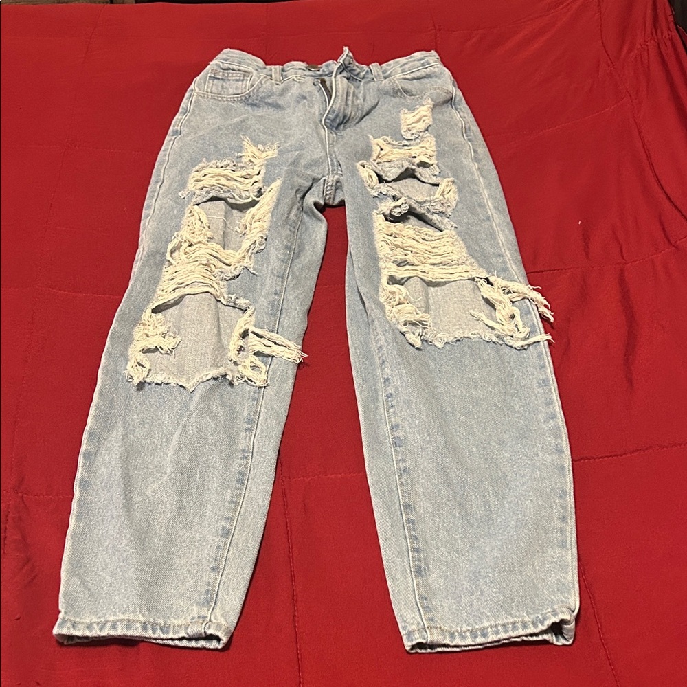SHEIN Light Blue Distressed Boyfriend Jeans